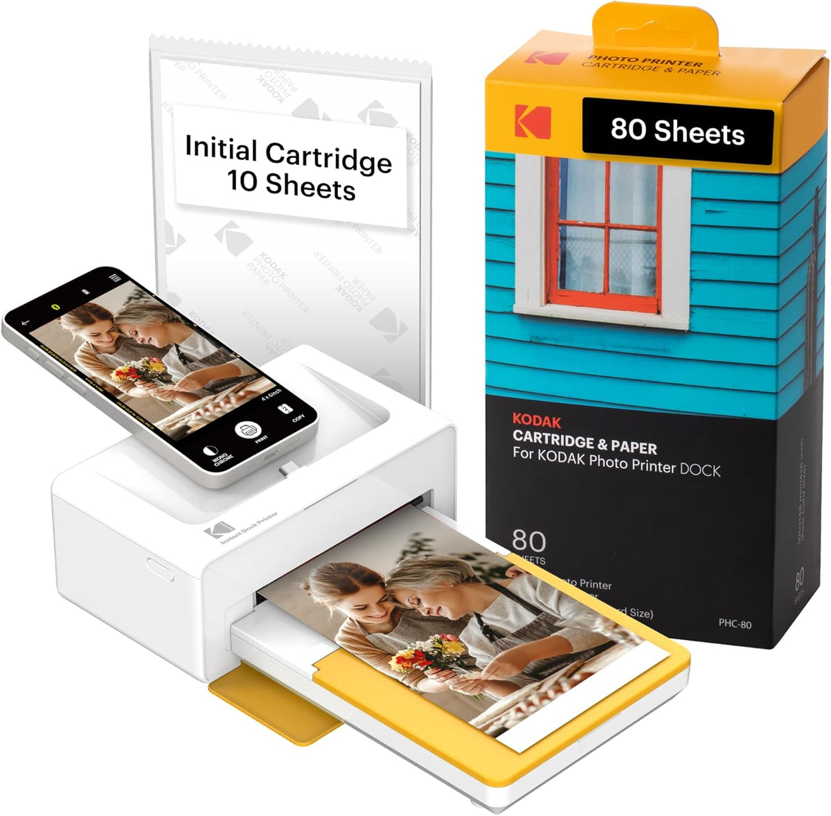 KODAK Dock Plus 4PASS Instant Photo Printer (4x6 inches) + 90 Sheets Bundle (10 Initial Sheets + 80 Sheets Pack) - PuriLite