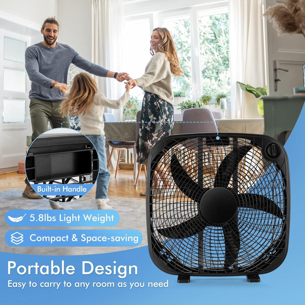 Tangkula 3-Speed Box Fan, 20 inch Floor Fan for Full-Force Circulation with Air Conditioner, 3 Settings, Adjustable Dial, Carrying Handle, Portable Floor Fan for Home, Compact & Lightweight (Black) - PuriLite