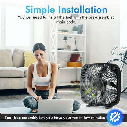 Tangkula 3-Speed Box Fan, 20 inch Floor Fan for Full-Force Circulation with Air Conditioner, 3 Settings, Adjustable Dial, Carrying Handle, Portable Floor Fan for Home, Compact & Lightweight (Black) - PuriLite
