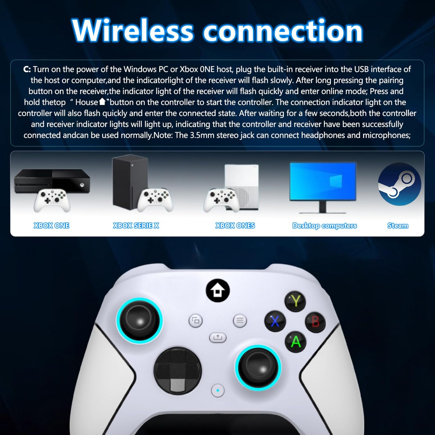 YUYIU Wireless 2.4GHz Controller with 7 Colors RGB Light for Xbox Controller, Xbox One Series X|S,Consoles,Steam PC Windows, with 1000mAh Battery/Dual Vib-ration/Turbo/Programmable, 3.5mm Audio Jack - PuriLite