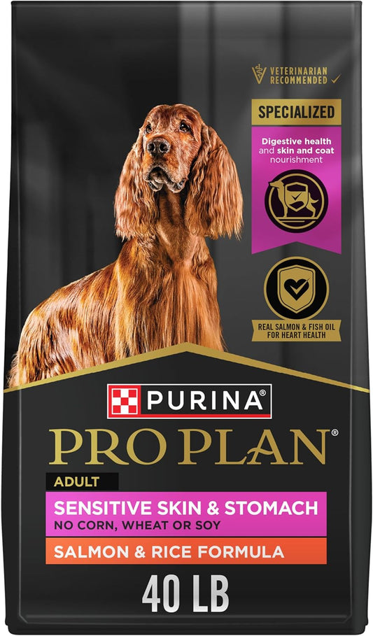 Purina Pro Plan Sensitive Skin and Stomach Dog Food Dry, Adult Salmon & Rice Formula, Digestive Health - 40 lb. Bag - PuriLite