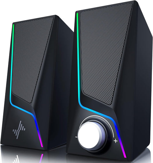 Computer Speakers, PC Speakers with 6 Colorful LED Modes, USB Powered Computer Speakers for Desktop with 2 Bass-Boost Ports, 2 Speaker Units and 3.5mm Aux-in Cable for PC, Laptop, Tablet, Phone - PuriLite