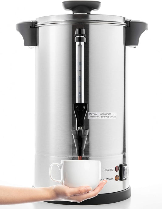 SYBO SR-CP-50B Commercial Grade Stainless Steel Percolate Coffee Maker Hot Water Urn for Catering, 50-Cup 8 L, Metallic - PuriLite