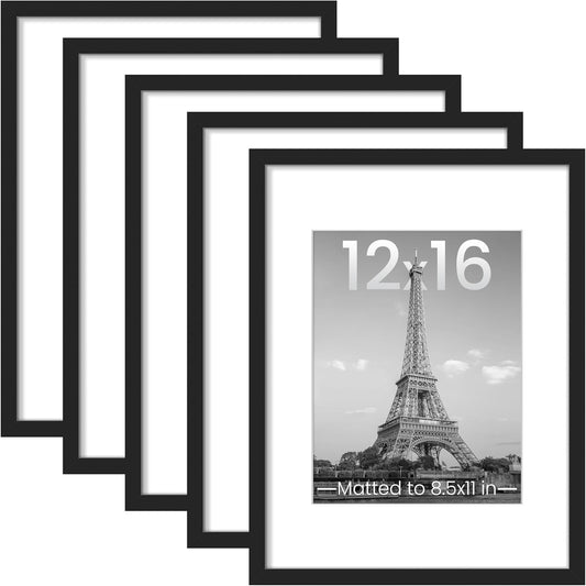 upsimples 12x16 Picture Frame Set of 5,Display Pictures 8.5x11 with Mat or 12x16 Without Mat,Wall Gallery Photo Frames,Black - PuriLite
