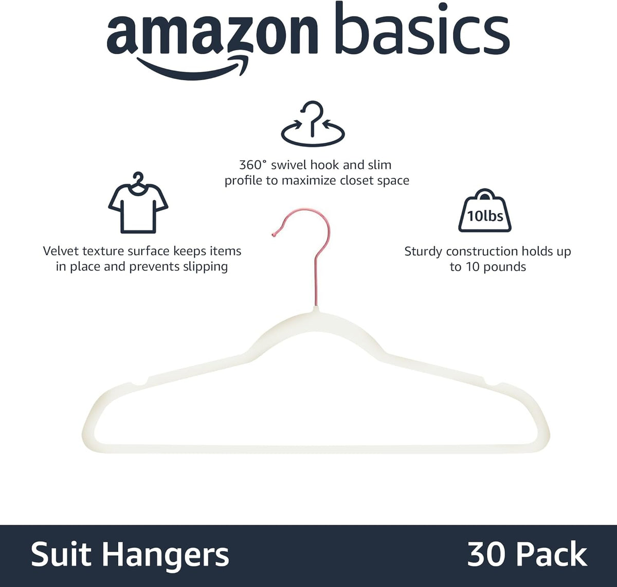 Amazon Basics Slim, Velvet, Non-Slip Suit Clothes Hangers, Ivory/Rose Gold - Pack of 30 - PuriLite