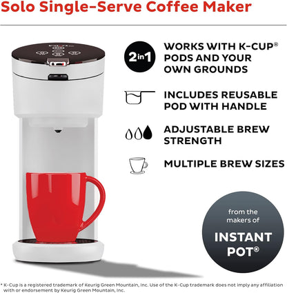 Instant Solo Single Serve Coffee Maker, From the Makers of Instant Pot, K-Cup Pod Compatible Coffee Brewer, Includes Reusable Coffee Pod & Bold Setting, Brew 8 to 12oz., 40oz. Water Reservoir, White - PuriLite