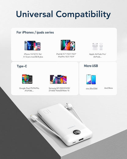 VEGER Portable Charger for iPhone Built in Cables Fast Charging USB C Slim 10000mAh Power Bank, Wall Plug USB Battery Pack for iPhones, iPad, Samsung More Phones Tablets (White) - PuriLite