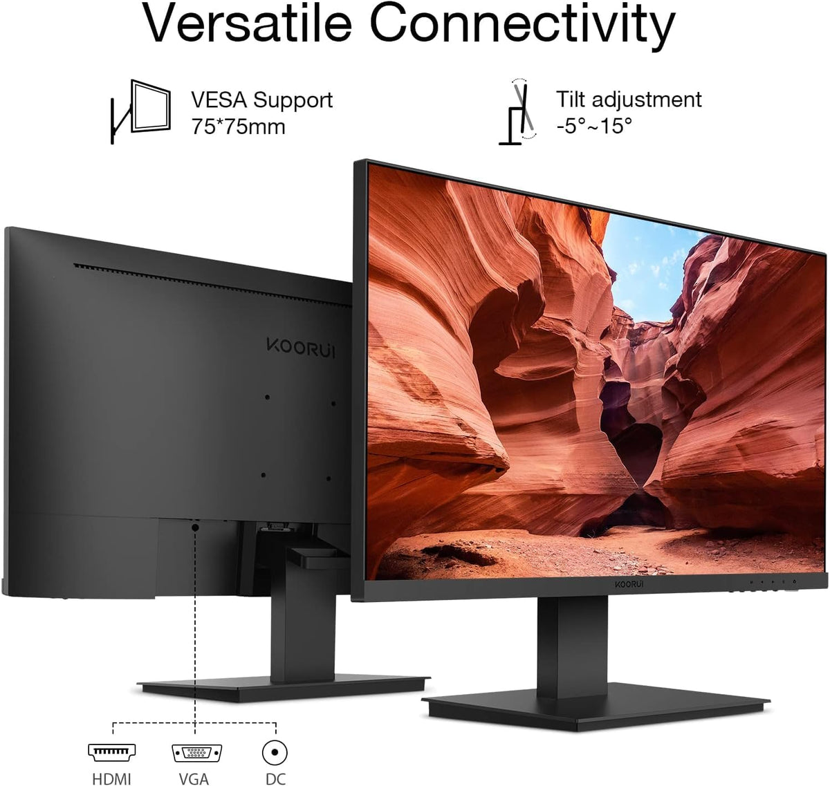 KOORUI 24 Inch Computer Monitor Full HD 1920 x 1080p VA Display 75Hz 3000:1 Contrast Ratio with HDMI, VGA, Frameless, 75 x 75 mm VESA Mountable, Ergonomic Tilt, Black, 24N1A - PuriLite
