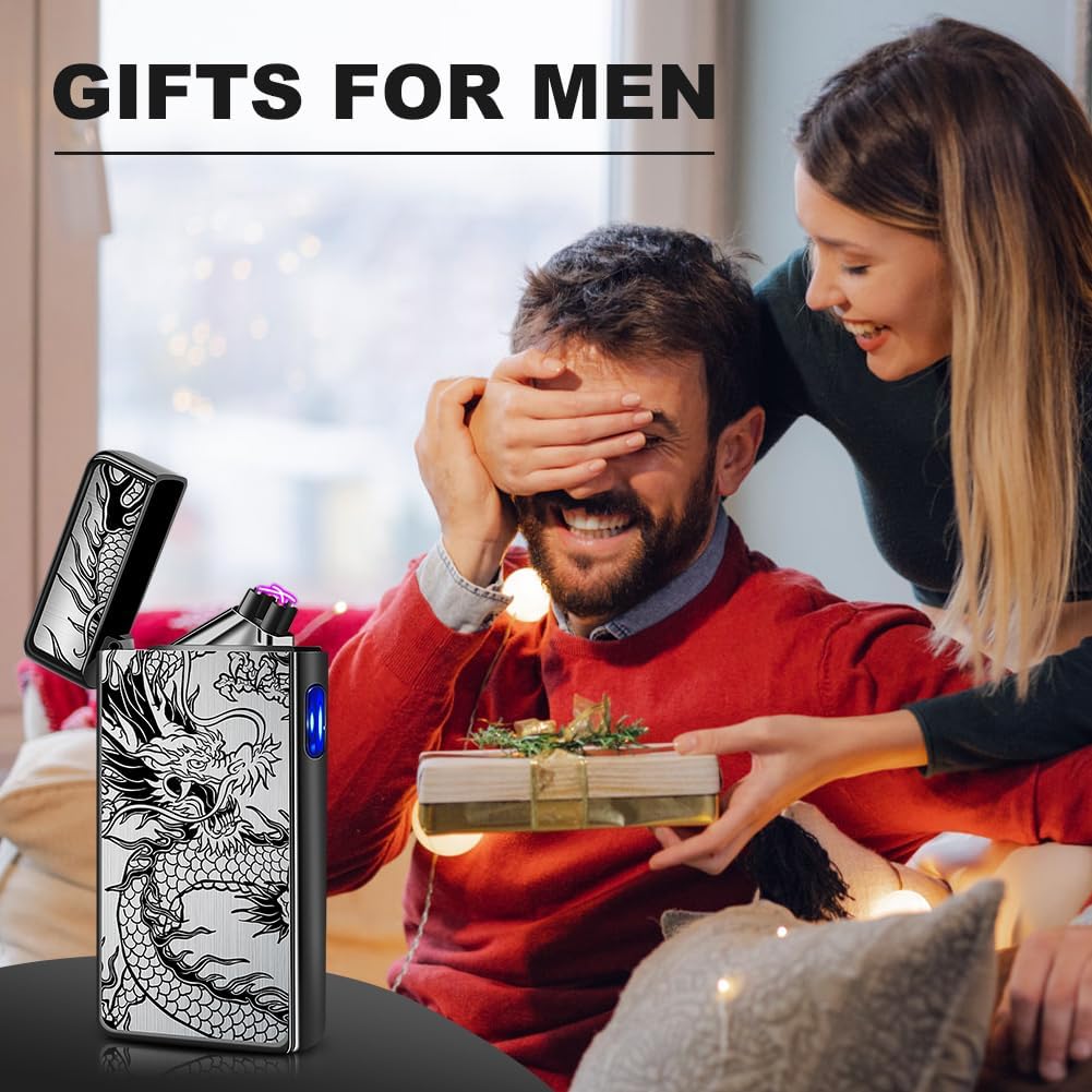 Gifts for Him Men, Electric Lighter USB C Rechargeable Dragon Lighter Dual Arc Plasma Windproof Lighter Cool Lighter Flame-Less with Large Capacity Battery (Black Dragon) - PuriLite