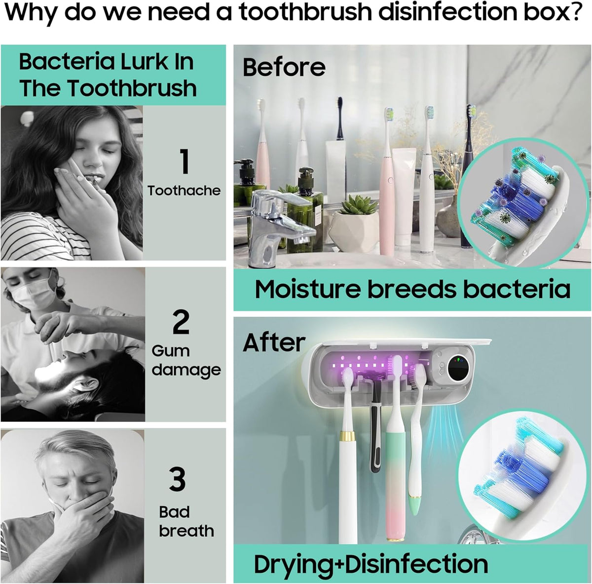 UV Toothbrush Holders for Bathrooms, Air DryingHolder Smart Home Bathroom Accessories, Timer Function & 5 Toothbrush Slots, Toothbrush Holder Wall Mounted with Replaceable Slot - PuriLite
