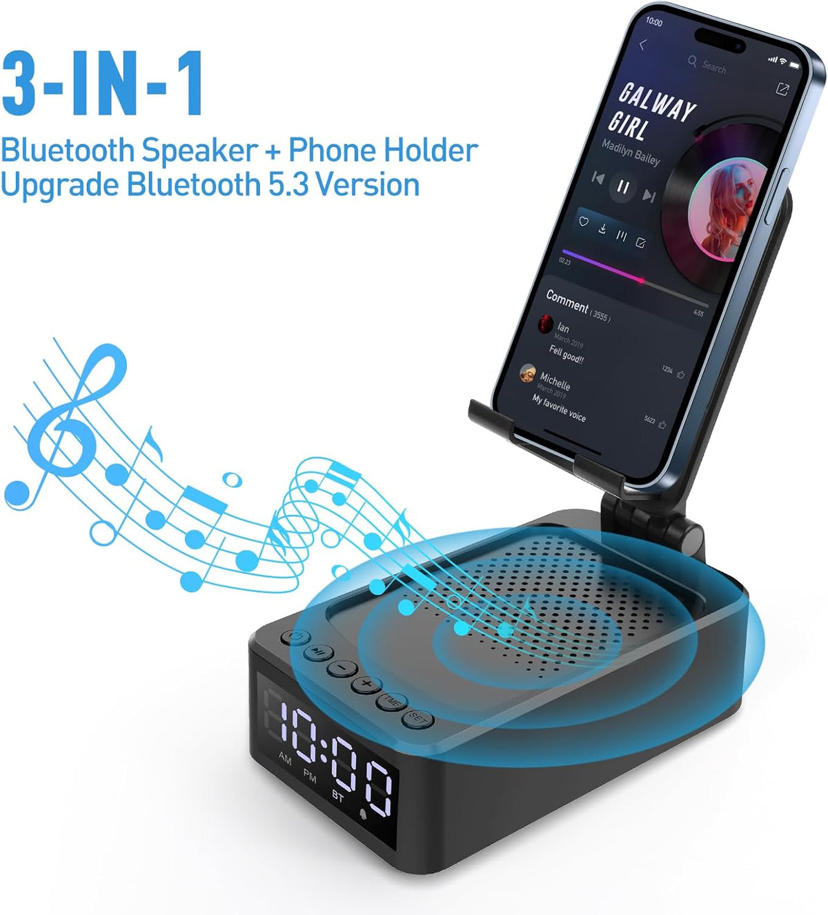 3-in-1 Desk Phone Stand with Wireless Speaker and LED Clock, Adjustable Smartphone Holder for Home and Office Use - PuriLite