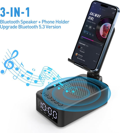 3-in-1 Desk Phone Stand with Wireless Speaker and LED Clock, Adjustable Smartphone Holder for Home and Office Use - PuriLite