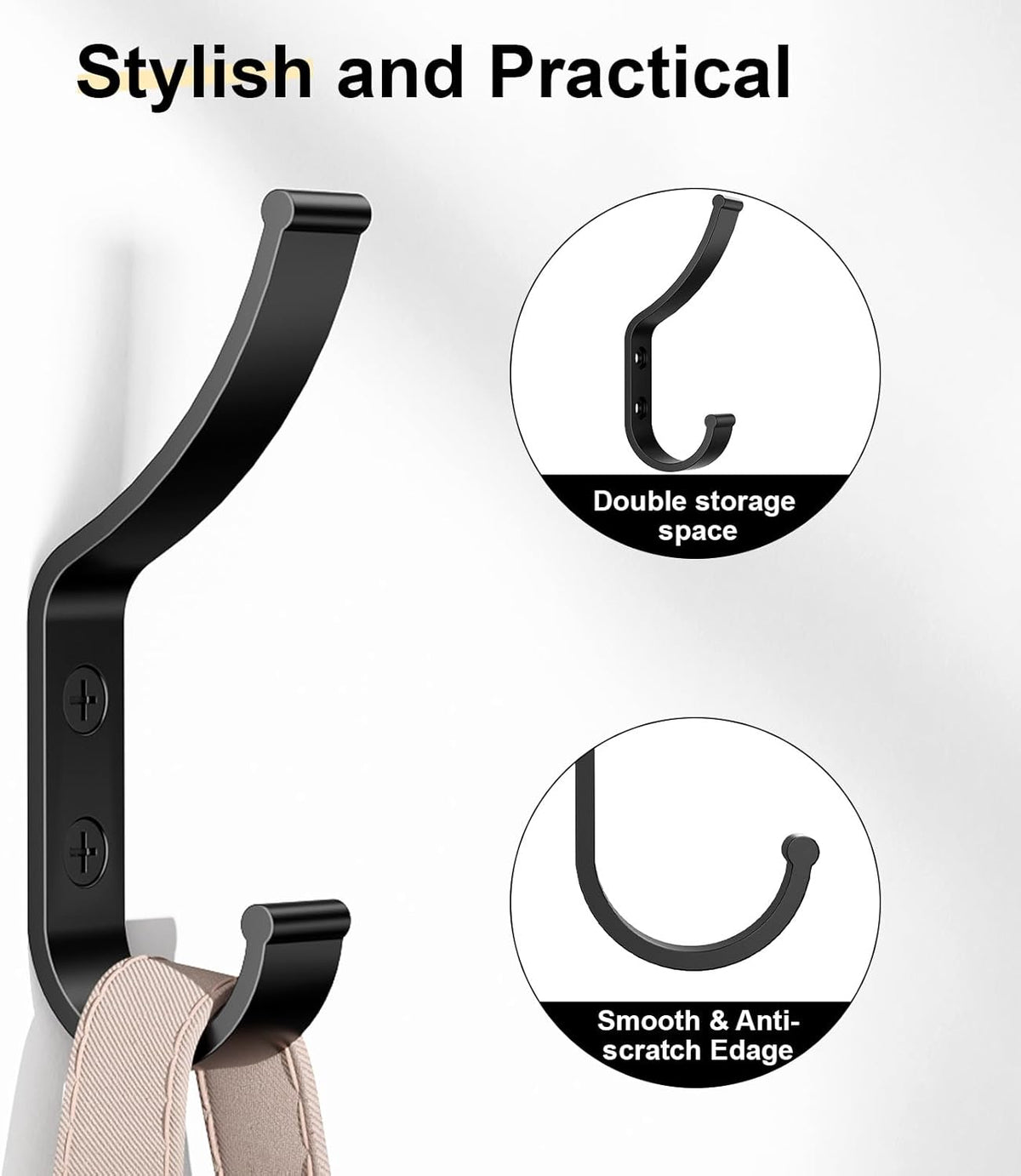 12 Pack Coat Hooks, 30KG Load Bearing Wall Hook for Hanging(Max), 1.6" L X 0.5" W X 3.94" H Coat Rack Wall Mount Double Hooks for Bag, Towels, Hats, Keys, Black - PuriLite