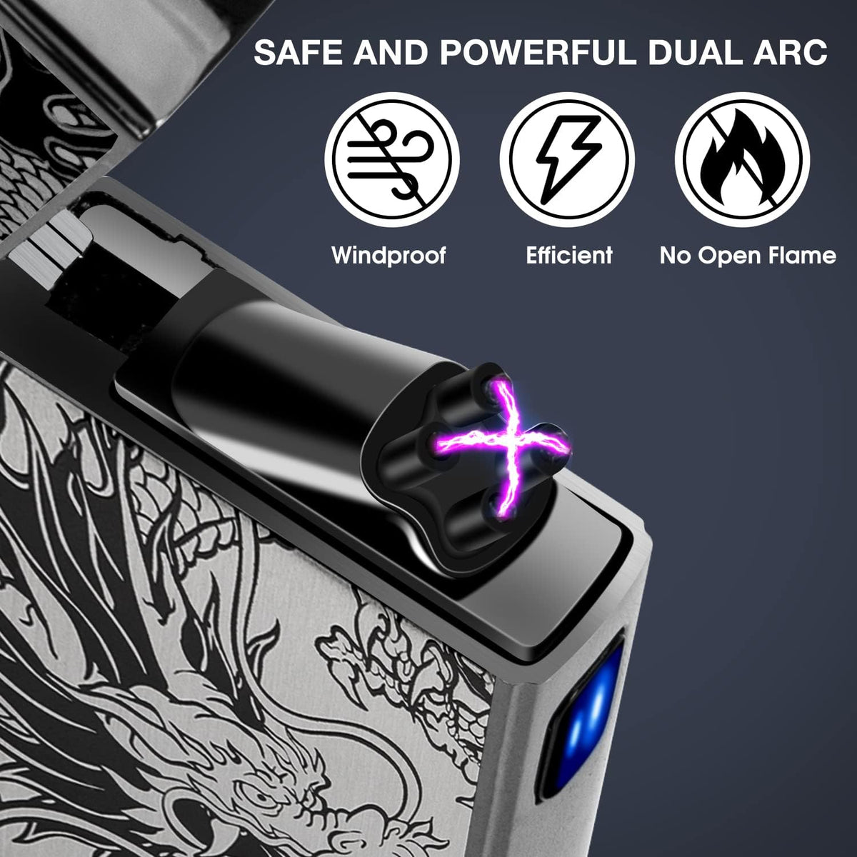 Gifts for Him Men, Electric Lighter USB C Rechargeable Dragon Lighter Dual Arc Plasma Windproof Lighter Cool Lighter Flame-Less with Large Capacity Battery (Black Dragon) - PuriLite