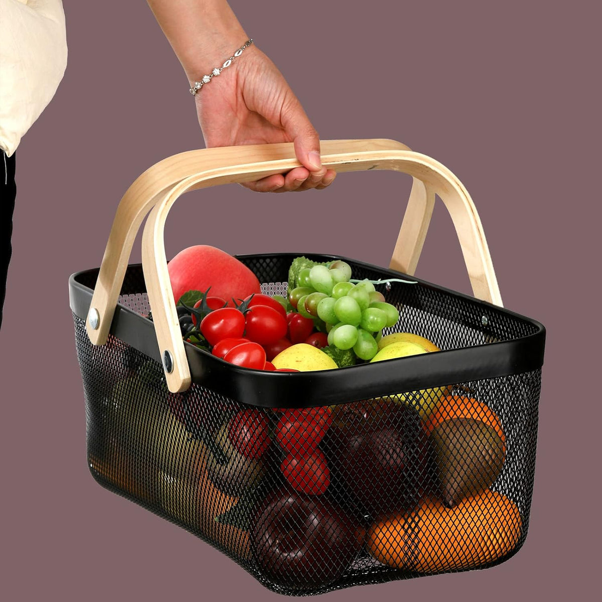 ZEAYEA Mesh Storage Basket with Handle, Garden Harvest Basket, Mesh Fruit Vegetables Gathering Basket Bin, Multi-functional Metal Wire Basket for Kitchen Garden Picnic Cabinet - PuriLite