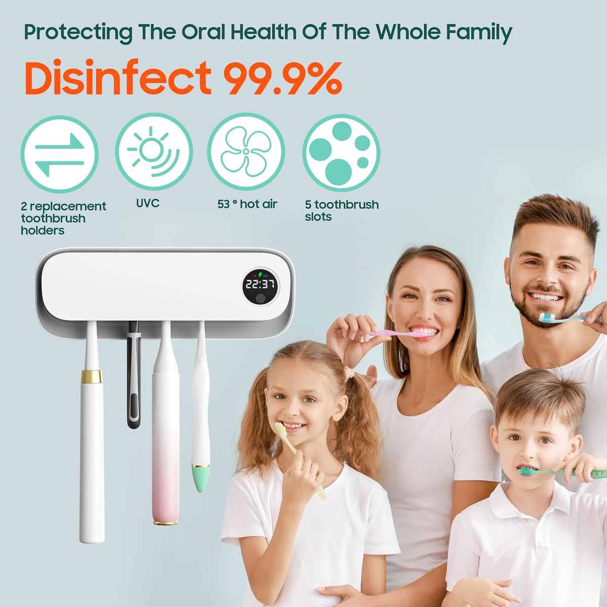 UV Toothbrush Holders for Bathrooms, Air DryingHolder Smart Home Bathroom Accessories, Timer Function & 5 Toothbrush Slots, Toothbrush Holder Wall Mounted with Replaceable Slot - PuriLite