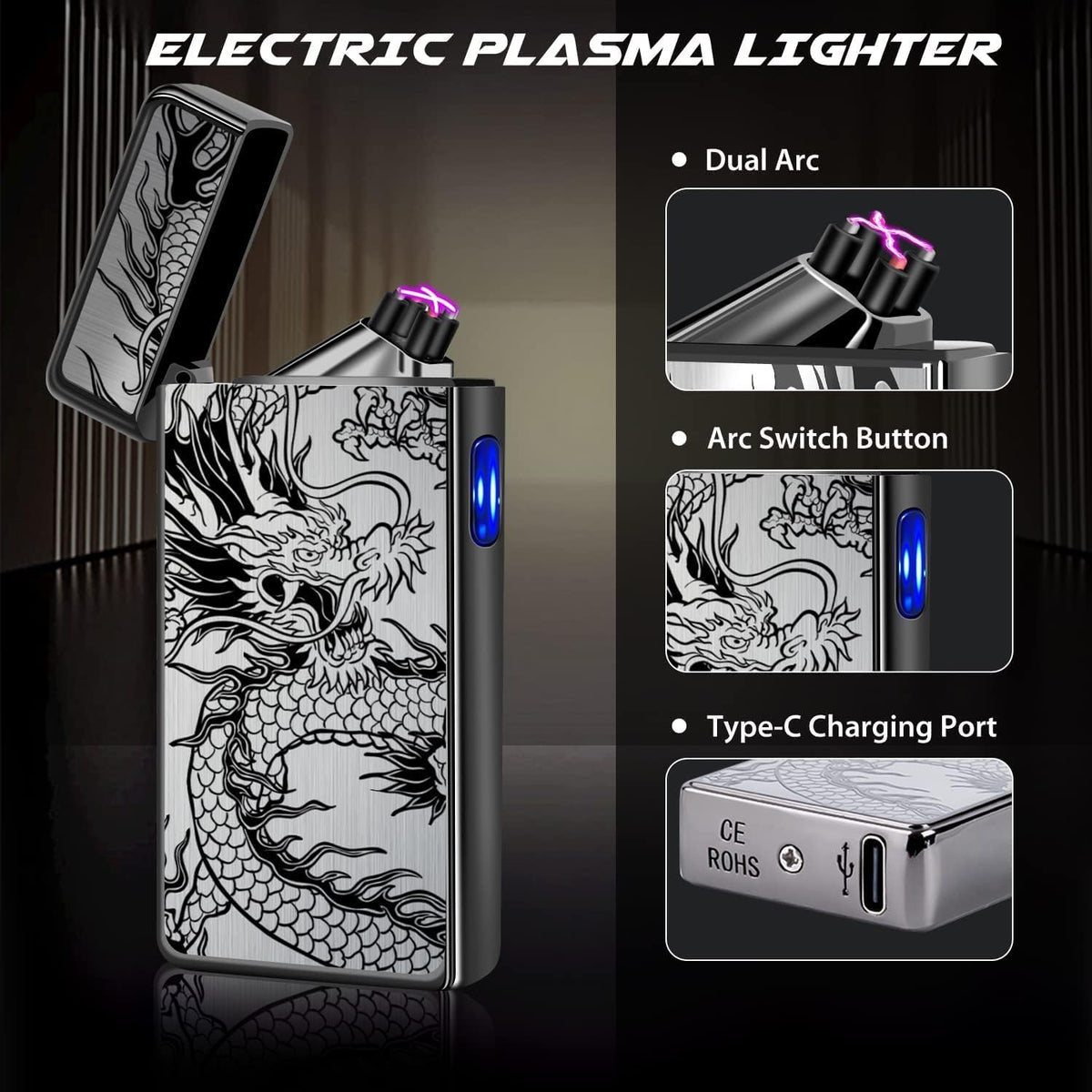 Gifts for Him Men, Electric Lighter USB C Rechargeable Dragon Lighter Dual Arc Plasma Windproof Lighter Cool Lighter Flame-Less with Large Capacity Battery (Black Dragon) - PuriLite