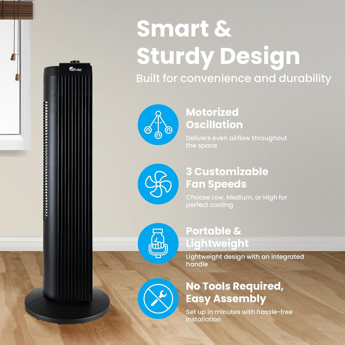 Senville 27" Standing Fan for Bedroom and Home with 60° Oscillation, 3 Speed, Compact Space-Saving Design, SENFZ10-19M - PuriLite
