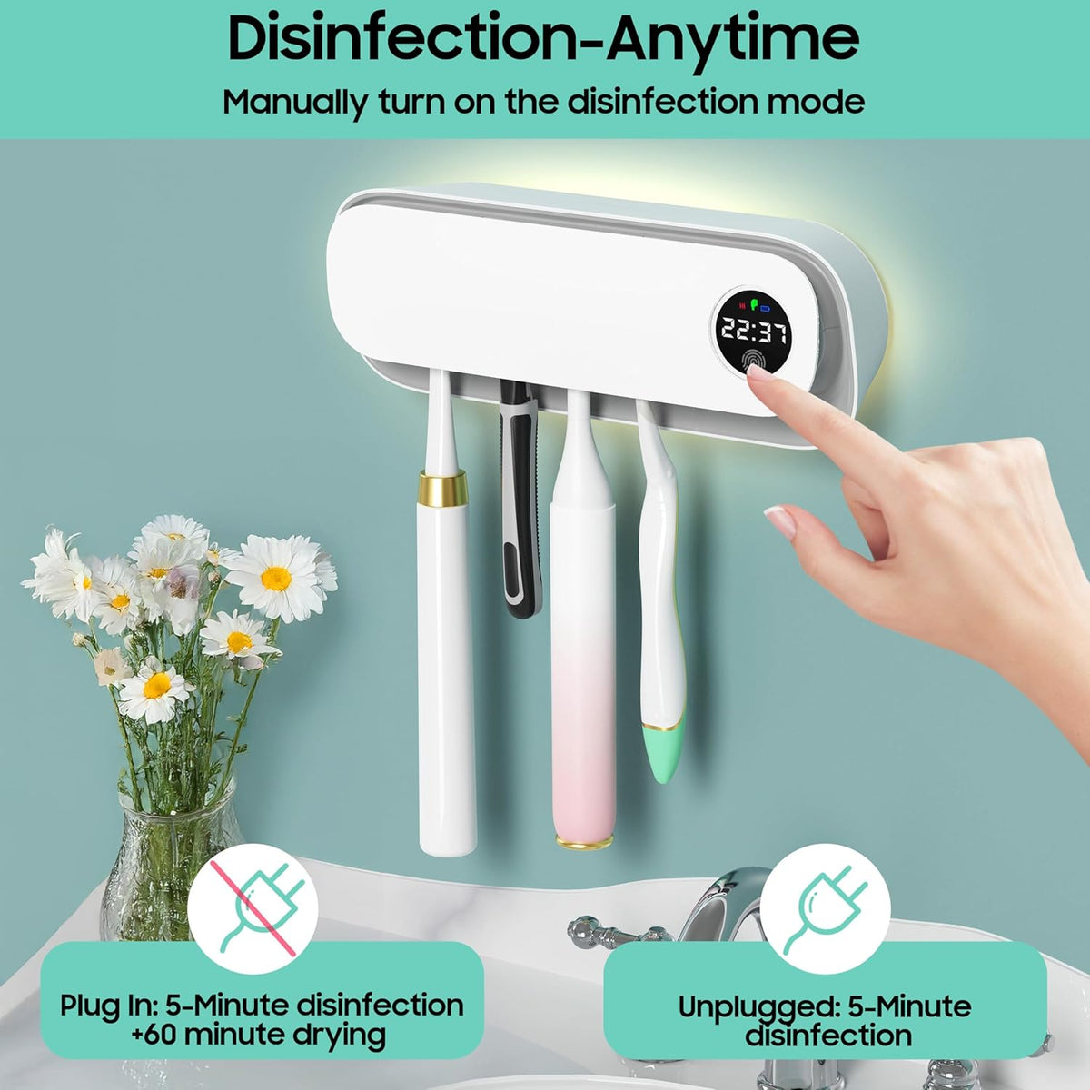 UV Toothbrush Holders for Bathrooms, Air DryingHolder Smart Home Bathroom Accessories, Timer Function & 5 Toothbrush Slots, Toothbrush Holder Wall Mounted with Replaceable Slot - PuriLite