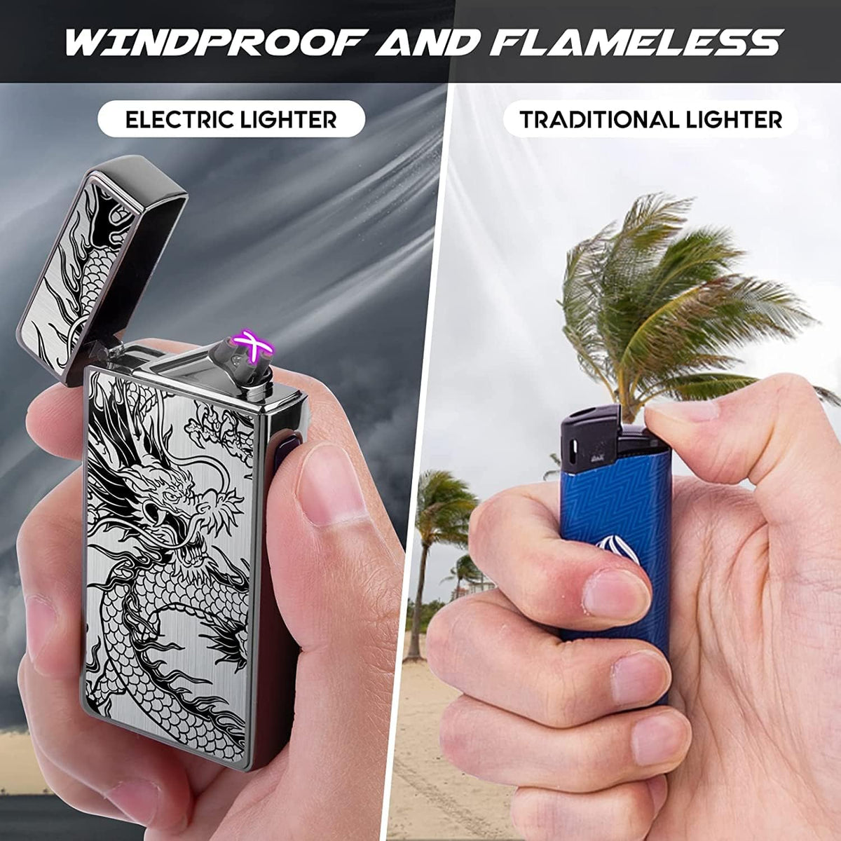 Gifts for Him Men, Electric Lighter USB C Rechargeable Dragon Lighter Dual Arc Plasma Windproof Lighter Cool Lighter Flame-Less with Large Capacity Battery (Black Dragon) - PuriLite