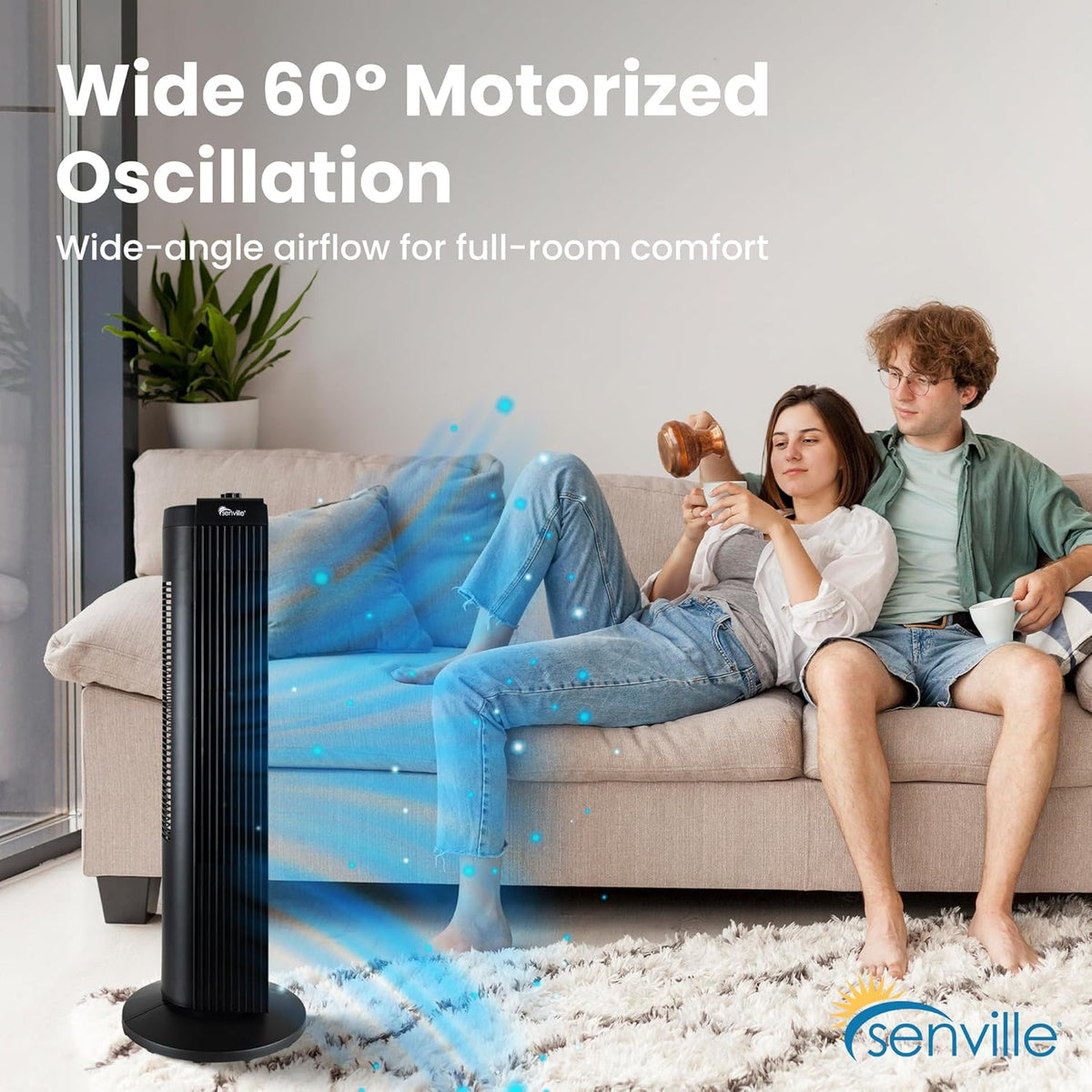 Senville 27" Standing Fan for Bedroom and Home with 60° Oscillation, 3 Speed, Compact Space-Saving Design, SENFZ10-19M - PuriLite