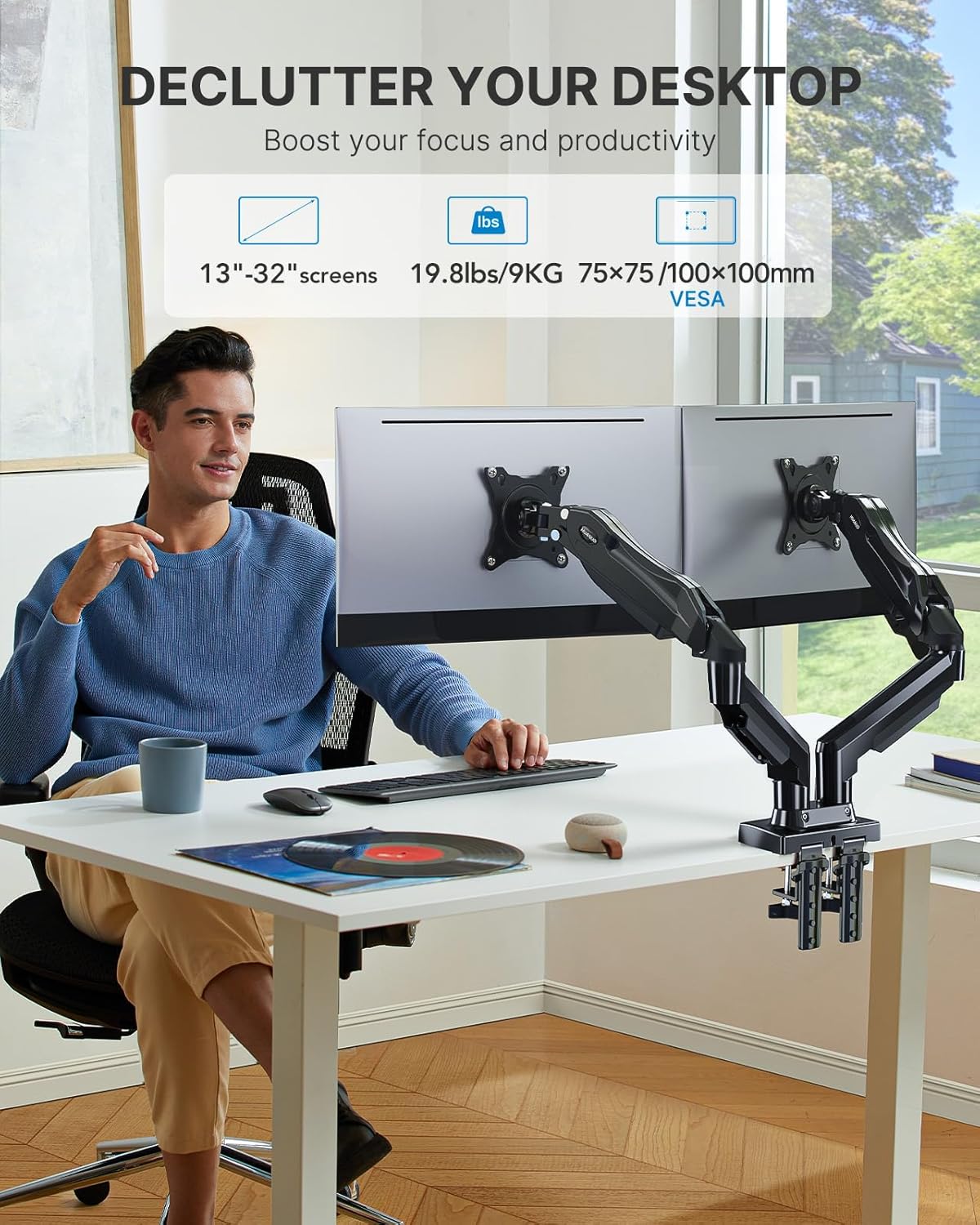 HUANUO Dual Monitor Stand - Full Adjustable Monitor Desk Mount Swivel Vesa Bracket with C Clamp, Grommet Mounting Base for 13 to 32 Inch Computer Screens - Each Arm Holds 4.4 to 19.8lbs - PuriLite