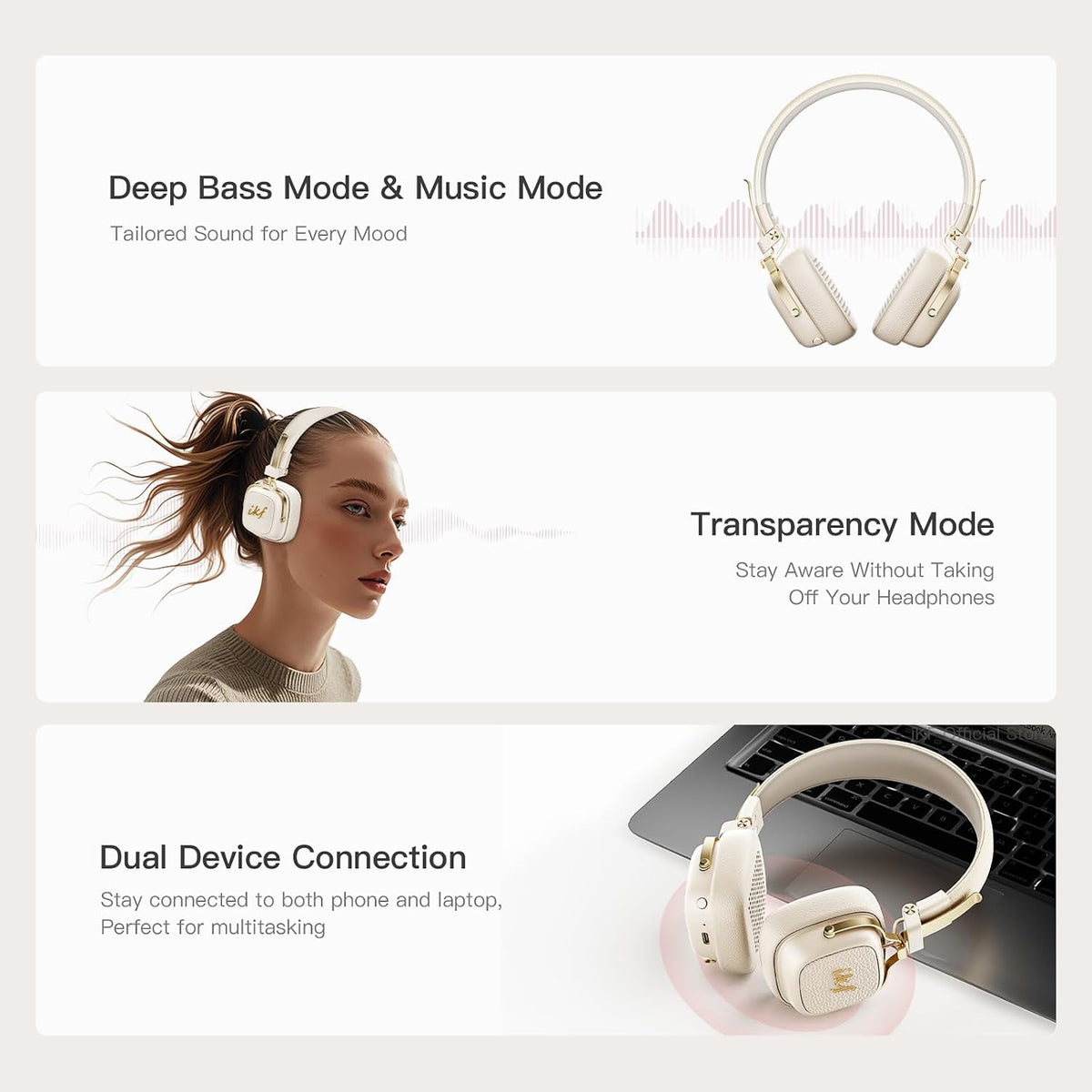 E2 Retro Classic Wireless Bluetooth On-Ear Headphones, Foldable Headset, 90H Playback, 40mm Drivers, Deep Bass, 360° Spatial Sound, Built-in Mic,OOTD 80S 90S (Offwhite) - PuriLite
