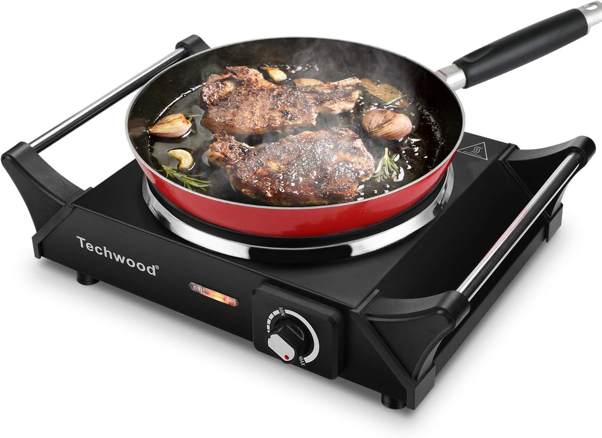 Techwood Hot Plate Portable Electric Stove 1500W Countertop Single Burner with Adjustable Temperature & Stay Cool Handles, 7.5” Cooktop for Dorm Office/Home/Camp, Compatible for All Cookwares - PuriLite