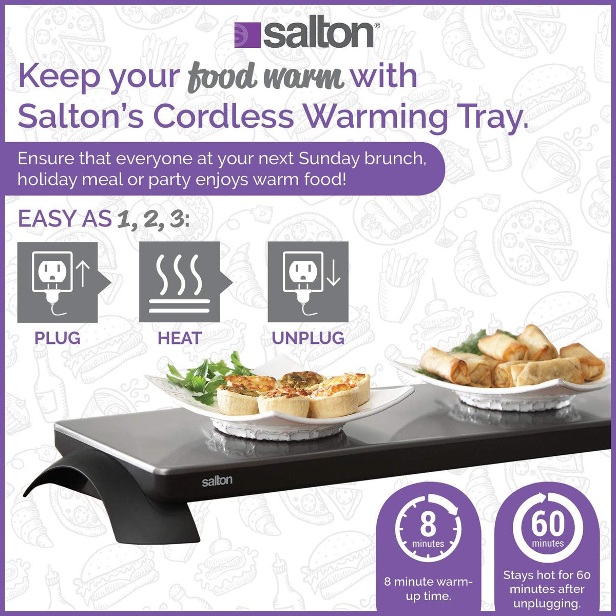 Salton Electric Warming Tray with Automatic Temperature Control, Keeps Food Hot for Buffets, Entertaining, Stainless Steel Warmer Cooktop for Appetizers, Large Surface Measures 25” X 8”, 800 Watts (TWT30) - PuriLite