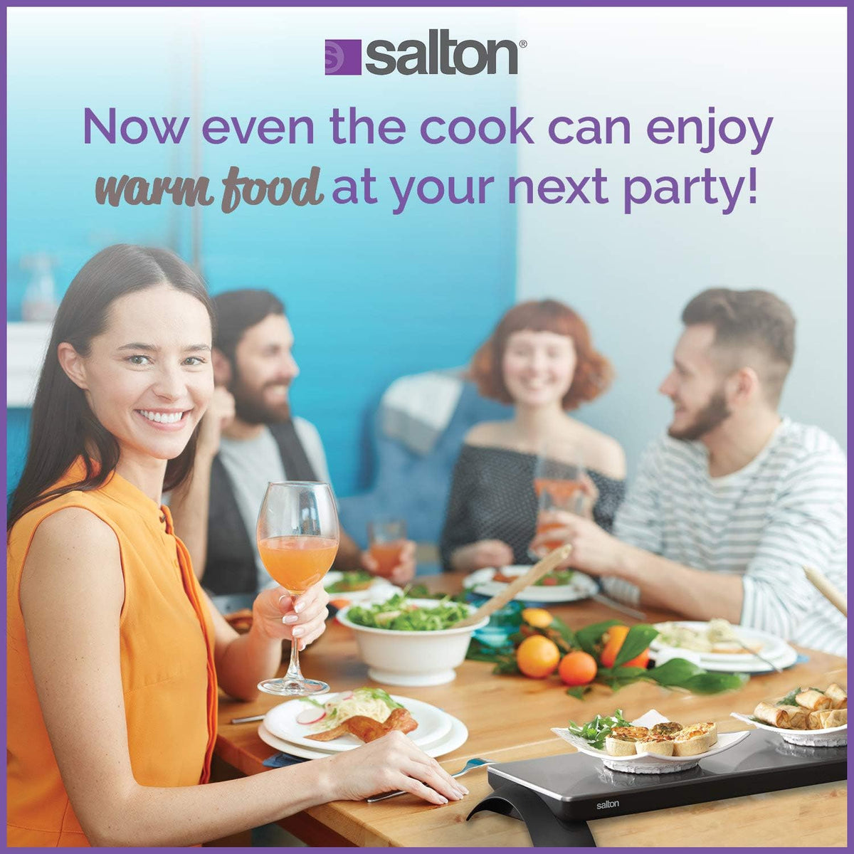 Salton Electric Warming Tray with Automatic Temperature Control, Keeps Food Hot for Buffets, Entertaining, Stainless Steel Warmer Cooktop for Appetizers, Large Surface Measures 25” X 8”, 800 Watts (TWT30) - PuriLite