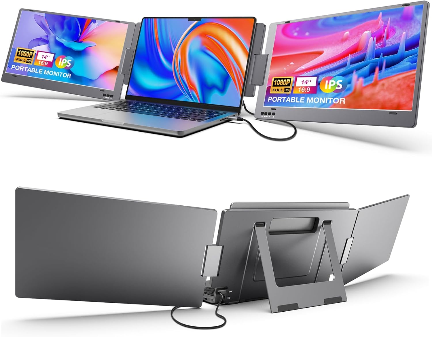 KYY Laptop Screen Extender, 14'' FHD 1080P USB-C Portable Monitor, IPS Computer Display, Dual Monitor for Triple Screen, Monitor for 12"-16" Laptop (Mac, Wins, Android) - PuriLite