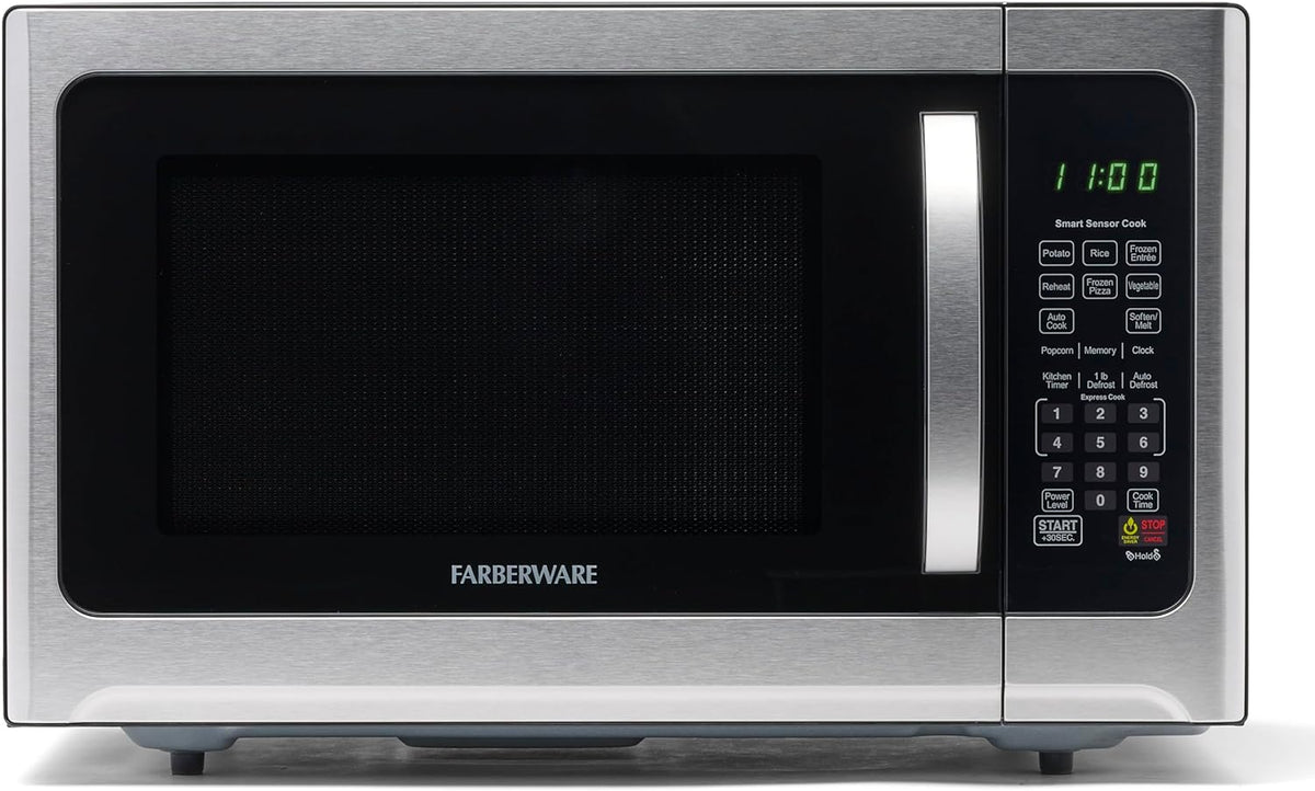 Farberware Countertop Microwave 1100 Watts, 1.2 cu ft - Smart Sensor Microwave Oven With LED Lighting and Child Lock - Perfect for Apartments and Dorms - Easy Clean Black Interior, Stainless Steel - PuriLite