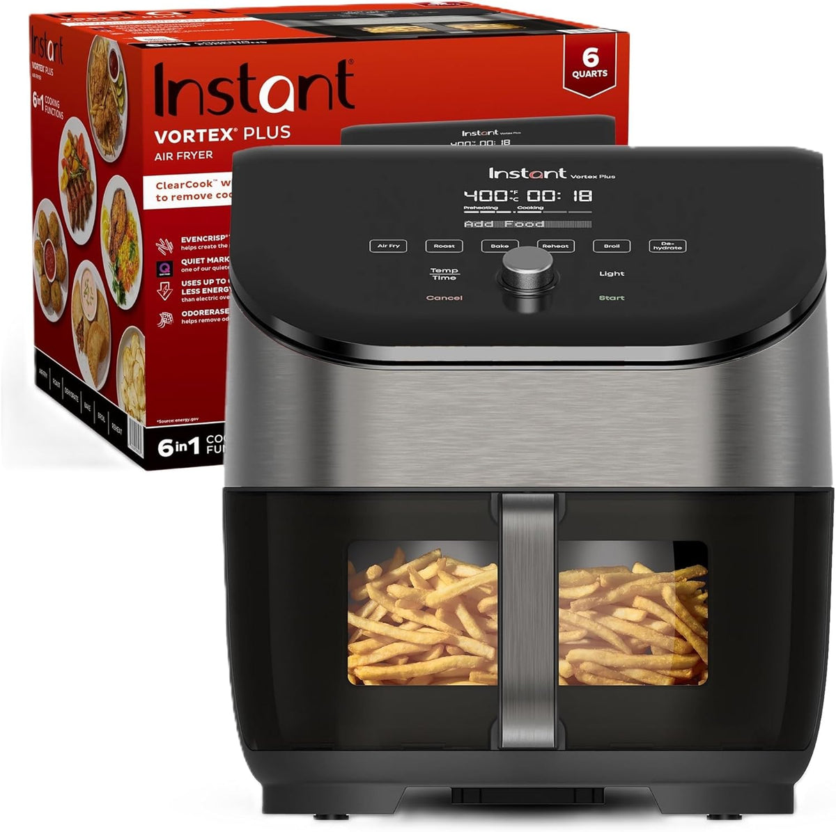 Instant Pot Vortex Plus 6-Quart Air Fryer Oven with ClearCook Cooking Window, Odor Erase Technology, Digital Touchscreen, Includes Free App with over 1900 Recipes, Single Basket, Stainless Steel, 6QT - PuriLite