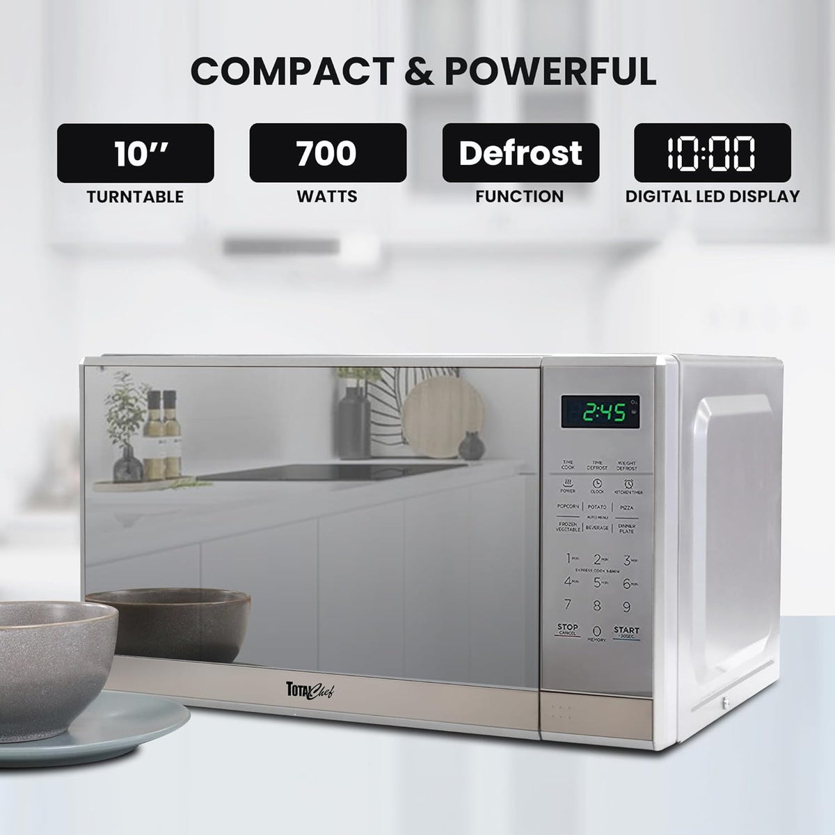 Total Chef Microwave Oven with Door Lock for Small Compact Space Cu.ft Digital Touchscreen Controls One-Touch Push-Button Opening Pre-Set Cooking Modes Silver Stainless Steel - PuriLite