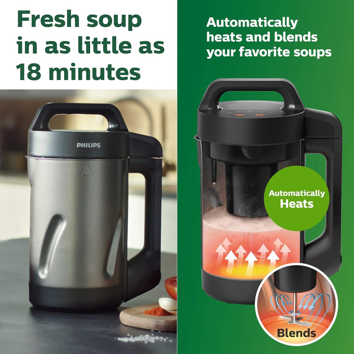 Philips Viva Collection SoupMaker, 1.2 L, Makes 2-4 servings, 6 Pre-set Programs, SoupPro Technology, Soup in Less than 18 Minutes, Eeasy Clean, Recipe Book, Black and Stainless Steel (HR2204/70) - PuriLite