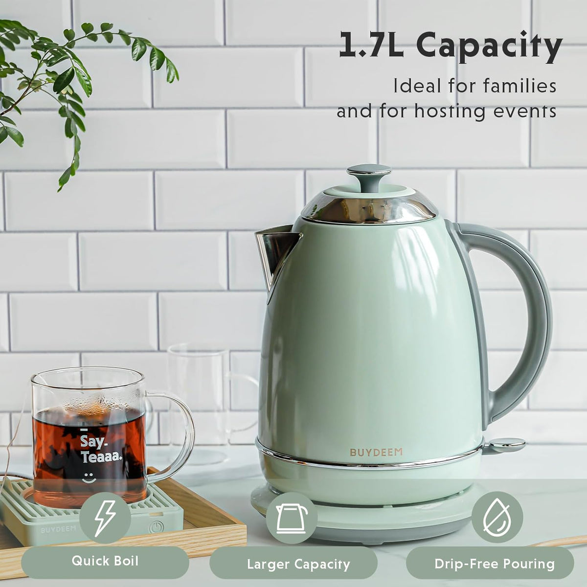 BUYDEEM K640 Stainless Steel Electric Tea Kettle with Auto Shut-Off and Boil Dry Protection, 1.7 Liter Cordless Hot Water Boiler with Swivel Base, 1440W (Cozy Greenish) - PuriLite