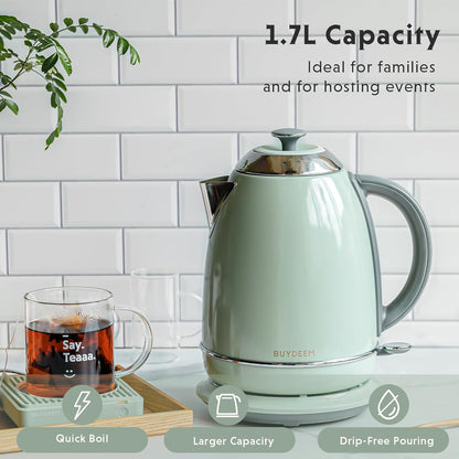 BUYDEEM K640 Stainless Steel Electric Tea Kettle with Auto Shut-Off and Boil Dry Protection, 1.7 Liter Cordless Hot Water Boiler with Swivel Base, 1440W (Cozy Greenish) - PuriLite