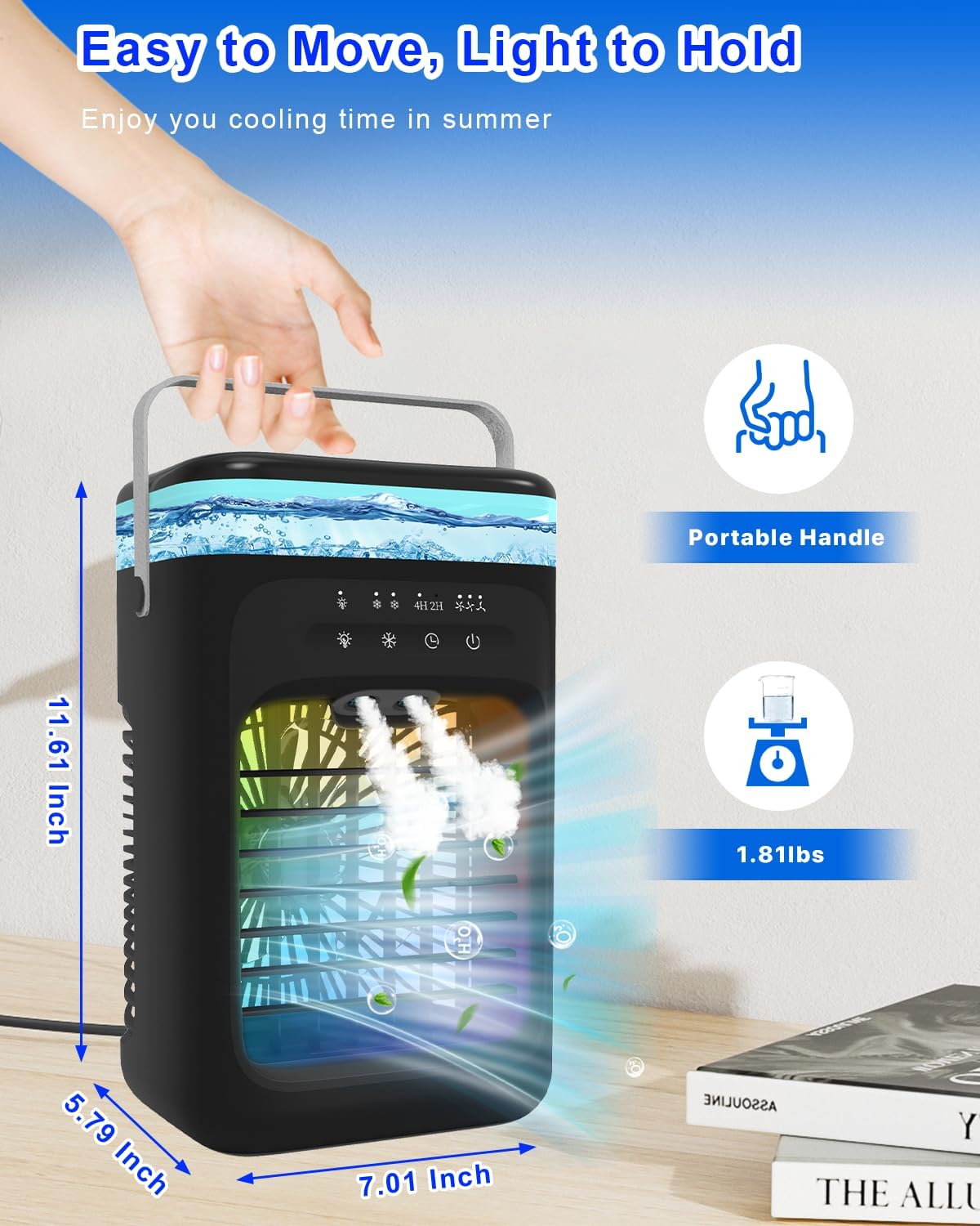 Mecmic Portable Air Conditioner Cooling Fan - 3 Speeds, 2 Mist Modes, 1000mL Water Tank, 7-Color Night Light, 2-4H Timer, Mini Cooling Fan for Bedroom, Office, Camping - PuriLite