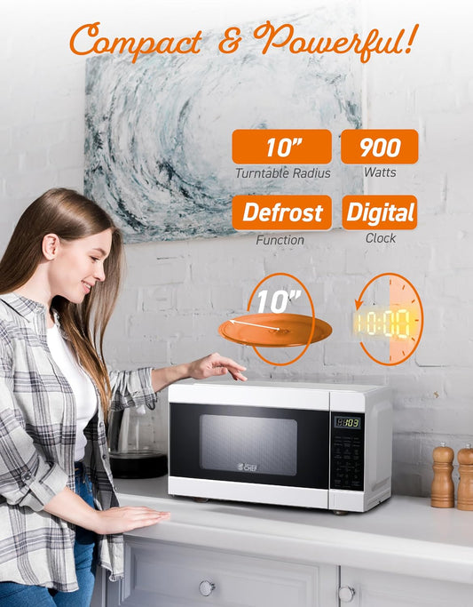 Commercial Chef CHM990W 900 Watt Counter Top Microwave Oven, 0.9 Cubic Feet, White Cabinet - PuriLite