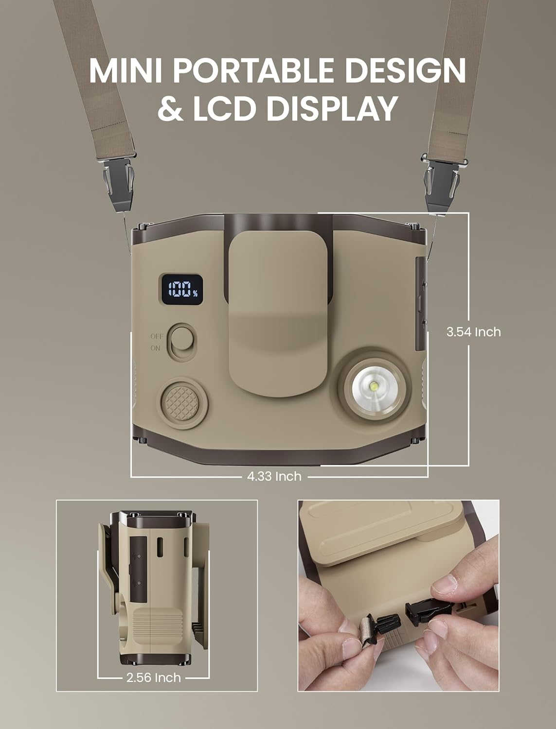 Portable Waist Clip Fan with LED Display - 10000 mAh Battery, 3 Speed Personal Wearable Fan with Dual Clips & Lanyard, Small Necklace Fan - PuriLite