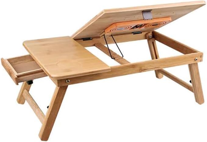 SKYZONAL Laptop Desk Adjustable Bamboo Laptop Table with Fan Drawer Foldable Bed Tray Breakfast Tray Padded Lap Work Tray,for Working Writing Drawing - PuriLite