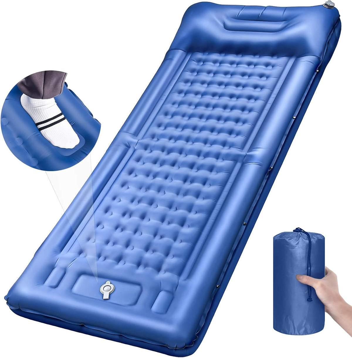 Camping Sleeping Pads，Extra Thick 5 Inch Inflatable Sleeping Mat with Pillow Built-in Pump，Oversized Mattress Super Portable Backpacking Sleeping Pad (Blue, Single) - PuriLite