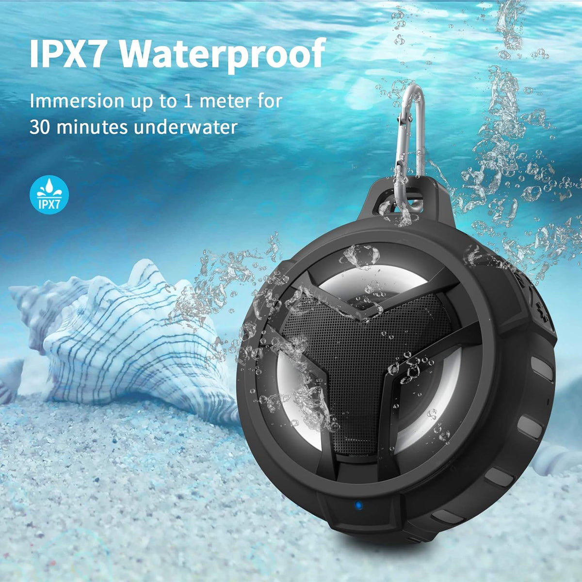 EBODA Bluetooth Shower Speaker, Portable Bluetooth Speakers, IP67 Waterproof Outdoor Speaker Wireless with LED Light, Floating, 2000mAh, True Wireless Stereo for Pool, Kayak, Bike, Golf, Gifts -Black - PuriLite