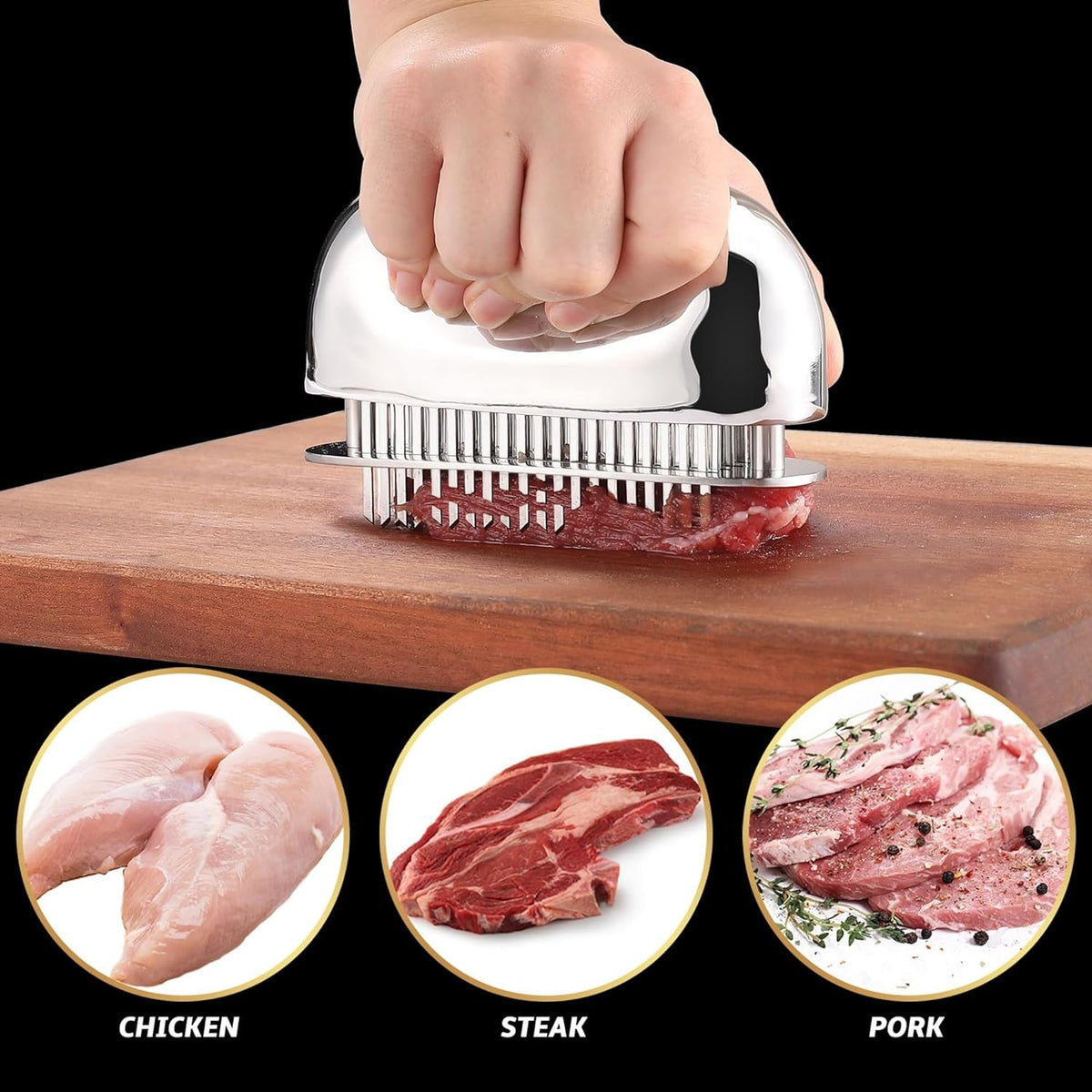 Meat Tenderizer Tool, Ultra Sharp Needle Blades 100% Stainless-Steel, Heavy-Duty Kitchen Gadgets, Hand Held Meat Tenderizer Needle Tool, Cooking Gadget for Tenderizing Chicken, Steak, Veal, BBQ - PuriLite
