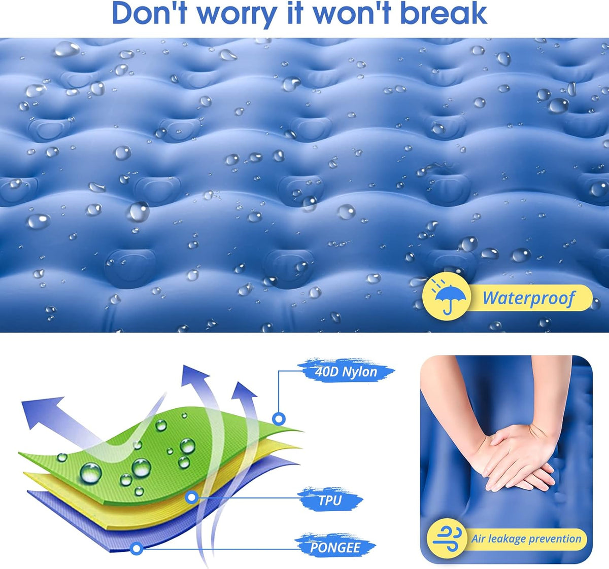Camping Sleeping Pads，Extra Thick 5 Inch Inflatable Sleeping Mat with Pillow Built-in Pump，Oversized Mattress Super Portable Backpacking Sleeping Pad (Blue, Single) - PuriLite