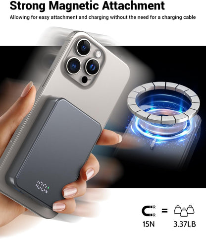 Magnetic Power Bank 26800mAh for Magsafe Portable Charger, Aluminum Alloy casing Large Capacity 20W USB-C in&Out Wireless Fast Charging Battery Pack for iPhone16 Plus Pro Max/15/14/13/12 Series, Gray - PuriLite