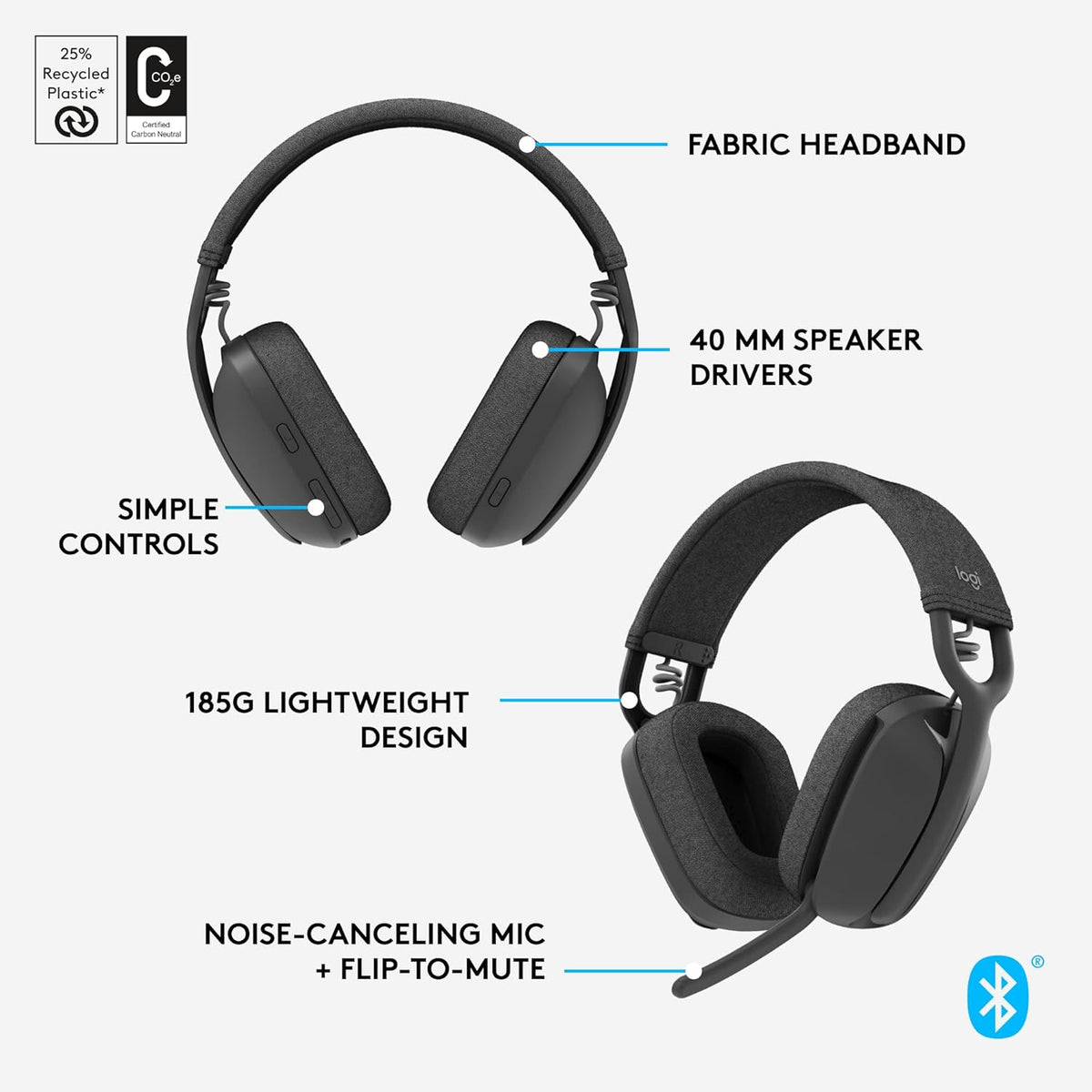 Logitech Zone Vibe 100 Lightweight Wireless Over Ear Headphones with Noise Canceling Microphone, Advanced Multipoint Bluetooth Headset, Works with Teams, Google Meet, Zoom, Mac/PC - Graphite - PuriLite