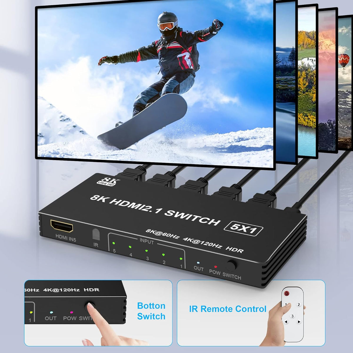 8K HDMI Switch Splitter 5 in 1 Out - 8K@60Hz 4K@120Hz HDMI Switcher 5 Port with IR Remote for Xbox PS4 PC TV - PuriLite