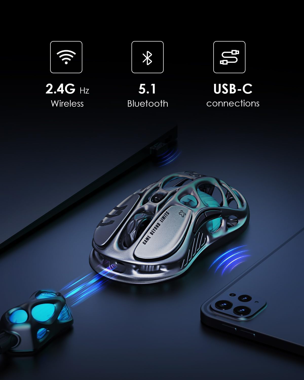 GravaStar Wireless Gaming Mice Mercury M1 Pro, Lightweight Magnesium Alloy Gaming Mouse, 26,000 DPI, PAW3395DM Sensor, Tri Mode Connection, Support 4K, Up to 200 Hours Battery Life - PuriLite