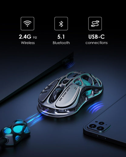GravaStar Wireless Gaming Mice Mercury M1 Pro, Lightweight Magnesium Alloy Gaming Mouse, 26,000 DPI, PAW3395DM Sensor, Tri Mode Connection, Support 4K, Up to 200 Hours Battery Life - PuriLite